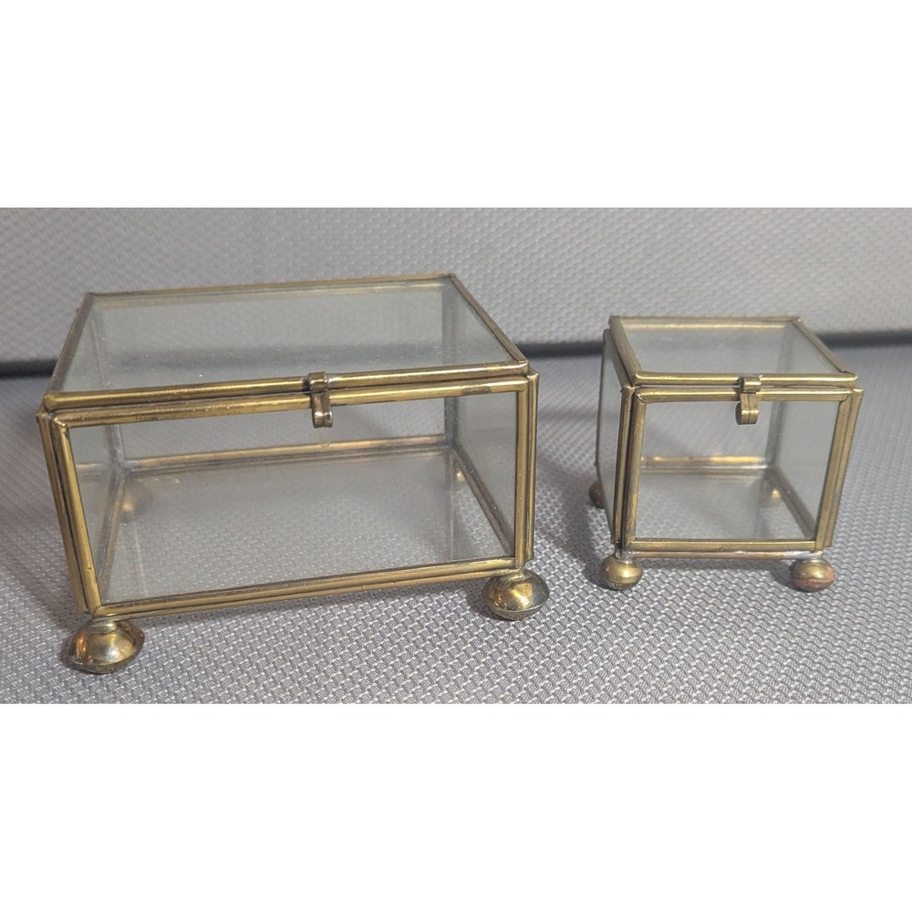 Vintage Brass and Clear Glass Jewelry Trinket Casket Box Set of 2 Footed